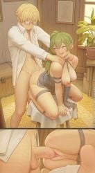 1boy 1girls ass barefoot bartolomeobari blonde_hair blonde_male breasts_out carpet chest cock duo female from_behind glasses green_hair indoors kneeling land_(sousou_no_frieren) large_breasts long_hair looking_back male medium_hair megane moderate_pubic_hair penis plant purple_eyes pussy pussy_hair pussy_juice sex shaved_pussy sousou_no_frieren straight ubel_(sousou_no_frieren) uncensored vaginal_penetration yellow_hair