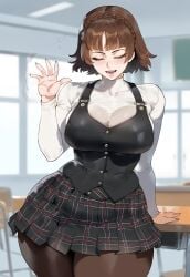 ai_generated brown_hair closed_eyes creamy_ai curvy large_breasts makoto_niijima pantyhose persona persona_5 school_uniform short_hair shuujin_academy_uniform skindentation thick_thighs waving wide_hips