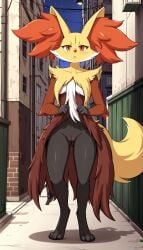 1girls 2024 ai_generated alley alleyway anthro ass_visible_through_thighs black_body bored bored_expression canine delphox digitigrade female female_only fox generation_6_pokemon half-closed_eyes hi_res inner_ear_fluff innie_pussy looking_at_viewer night nintendo nude nude_female orange_eyes orange_fur outdoors pokemon pokemon_(species) pussy red_fur white_fur yellow_fur yodayo