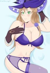 1girls big_breasts blush breasts brown_hair female genshin_impact green_eyes hat huge_breasts john_apocalypse large_breasts lingerie lisa_(genshin_impact) solo solo_female thick_thighs thighs witch_hat