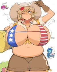 1boy 2girls american_flag_bikini bale_of_hay blonde_hair breasts breasts_bigger_than_head breasts_out brown_shorts cowboy_hat dr-worm english_dialogue english_text gloves holding_object huge_breasts lewdlemage mole_(marking) mole_on_breast navel oatmeal_(lewdlemage) one_eye_closed orange_eyes original original_character scrunchie shorts skimpy_bikini sleeves sparkles strawberry strawberry_hair_ornament tan_body tied_shirt tipping_hat tractor twintails wheat wheat_in_mouth wink