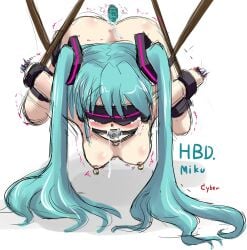 1girl anal anal_sex ball_gag blindfold bondage bound crying cuffs cyber_(cyber_knight) dildo dildo_in_ass drooling gag gagged hatsune_miku naked naked_female nipple_piercing nipples nude nude_female old_art rape suspension tears trembling twintails vocaloid white_background