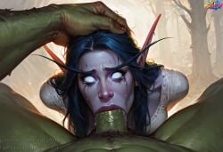 2d ai_generated arms_behind_back blowjob blue_hair crying elf elf_female fellatio female forest hand_on_head horde_domination interracial interspecies irrumatio male male/female night_elf oral oral_sex orc orc_male orced stacyart69 straight tears warcraft white_eyes world_of_warcraft