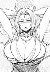 allegro_(artist) arms_behind_head black_beat blonde_hair blush cleavage condom condom_in_mouth holding_breasts huge_breasts larger_male monochrome naruto necklace sketch sweat tsunade