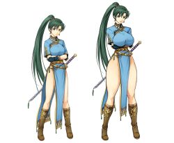 alternate_breast_size before_and_after blue_dress boots crossed_arms edit fire_emblem fire_emblem:_the_blazing_blade fire_emblem_heroes green_eyes green_hair huge_breasts long_hair lyn_(fire_emblem) official_artwork_edit ponytail revealing_clothes slit_dress sutton184_edits sword tall_female thick_thighs third-party_edit wide_hips