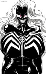 angry_eyes big_breasts big_smile big_thighs evil_smile female marvel marvel_comics purple_eyes revealing_nipples sharp_teeth six_pack symbiote venom_(marvel) white_hair