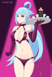 1girls aqua_(konosuba) big_breasts blue_eyes blue_hair blush breasts embarrassed female john_apocalypse kono_subarashii_sekai_ni_shukufuku_wo! large_breasts solo solo_female succubus_costume tearing_up thick_thighs thighs waitress