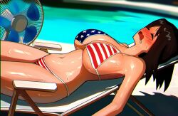 1girl ai_generated alternate_breast_size_(larger) american_flag_bikini azumanga_daioh beach_chair bikini blurry blush breasts brown_hair chair cleavage closed_eyes cowboy_shot depth_of_field drooling electric_fan elfgens flag_print from_side full-face_blush hair_down hot huge_breasts kasuga_ayumu lying navel nose_blush on_back on_chair open_mouth pool poolside saliva self_upload shadow shiny shiny_skin sideboob solo sweat swimsuit thighs underboob