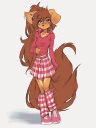 2026 apogee apogee_(tinygaypirate) breasts brown_eyes brown_fur brown_hair cute dog_ears dog_girl ear_piercing furry legs long_hair looking_at_viewer sfw shoes skirt tagme tail tinygaypirate