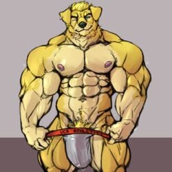 1:1 abs anthro biceps black_nose blonde_hair blue_eyes bodily_fluids bulge canid canine canis clothing domestic_dog ear_piercing ear_ring floppy_ears fur furry hair huge_bulge huge_muscles jockstrap looking_at_viewer male male_only mammal multicolored_fur muscular muscular_male nipples oldshep one_eye_closed pecs piercing pink_nipples pubes simple_background solo sweat two_tone_fur underwear undressing wet wet_clothing wink yellow_fur