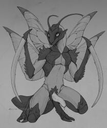 2_toes 4_wings adalfyre animal_genitalia animal_penis antennae_(anatomy) anthro arthropod arthropod_abdomen crouching digitigrade erection feet genital_slit genitals hi_res insect insect_legs insect_wings male mantis mantis_arms monochrome multi_wing penis solo tapering_penis toes wings