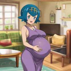 aged_up ai_generated blue_eyes blue_hair lana_(pokemon) lazybonesai pokemon pokemon_sm pregnant pregnant_belly pregnant_female purple_dress solo solo_female solo_focus trial_captain trial_captain_lana