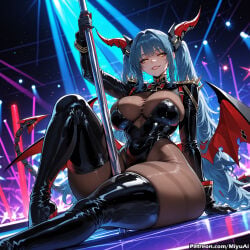 1girl ai_assisted ai_generated ass azur_lane bangs black_footwear black_gloves black_legwear blue_hair blush boots breasts cleavage curvaceous curvy curvy_female curvy_figure demon_horns demon_tail demon_wings eyebrows_visible_through_hair female gloves high_heel_boots high_heels holding horns huge_breasts large_breasts latex leotard long_hair looking_at_viewer miyuai regensburg_(azur_lane) shiny sitting smile solo star_(sky) starry_sky stripper tail thick thick_ass thick_butt thick_hips thick_legs thick_thighs thigh_boots thighhighs thighs twintails very_long_hair voluptuous voluptuous_female wide_hips wide_thighs wings yellow_eyes
