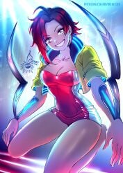 1girls black_hair black_hair_female cherryinthesun cleavage crossover cyberpunk:_edgerunners cyberpunk_2077 half-dressed half_naked half_naked_female jacket on_knees red_highlights ruby_rose rwby silver_eyes solo_female