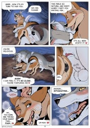 animal_genitalia animal_penis animal_vulva anus balls blush blush_lines bodily_fluids brown_body brown_fur canid canine canine_genitalia canine_penis canine_vulva canis comic coyote dialogue drooling duo english_text erection female feral feral_on_feral fur genitals grey_body grey_fur hi_res hug imminent_sex leaking leaking_vagina licking male male/female mammal papupaws penis profanity romantic romantic_couple rubbing saliva saliva_string sheath sniffing text tongue vulva wolf