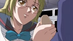 00s 1boy 1girl 1girls 2004 animated animated_gif assertive_female black_gate black_gate_kan_in_no_gakuen, blonde_hair blue_bow blue_bowtie blue_jacket bow bowtie brown_eyes classroom clothes_lift erection female glasses handjob jacket long_hair mizuki_komiyama narifumi_hosokawa, penis sailor_collar sailor_shirt school school_uniform shirt tagme