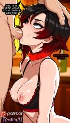 1boy 1girl 1girls ai_generated blurry_background bra breasts breasts_out captured captured_female dark_hair english english_text fellatio forced grey_eyes indoors irrumatio looking_at_another looking_up medium_breasts mind_control mind_control_collar nipples oral oral_penetration oral_sex rape rasilinai ruby_rose rwby saliva short_hair stable_diffusion text tongue underwear