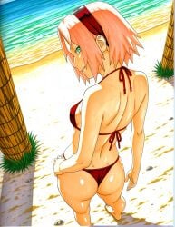 accurate_art_style accurate_body_type ass back_view backside beach beach_background bikini bikini_bottom bikini_top butt looking_back naruto naruto_(series) noxxi_(artist) outdoors outside sakura_haruno