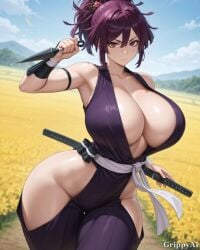 1girl 2d ai_generated anime_style armband cleavage curvy detailed_eyes field grass grippyai hair_bun halter_dress high_quality holding_katana holding_kunai huge_breasts kunoichi looking_at_viewer mountains ninja outdoors purple_dress purple_hair red_eyes serious_expression shiny_skin side_slit sky solo torn_clothes weapon wide_hips