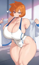 1girl abs ai_generated blue_eyes blush breasts busty cleavage closed_mouth clothing competition_swimsuit covered_navel curvaceous female female_only groin hair_between_eyes half-closed_eyes highleg highleg_swimsuit huge_breasts impossible_clothes impossible_swimsuit jacket kasumi_(pokemon) large_breasts linea_alba long_sleeves looking_at_viewer misty_(pokemon) misty_(pokemon_hgss) multicolored multicolored_clothes multicolored_swimsuit muscle naughty_face navel one-piece_swimsuit open_clothes open_jacket orange_hair pokemon seductive seductive_smile shiny_clothes shiny_skin short_hair sideboob skindentation smile solo sportswear standing swimsuit tank_suit thick_thighs thighs toned track_jacket two-tone_swimsuit white_jacket white_one-piece_swimsuit white_swimsuit wide_hips