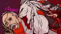 16:9 ahegao anthro asphyxiation bite blood blood_in_mouth blood_on_clothing blood_on_hand blood_splatter blush bodily_fluids braided_hair choking clothed clothed_male clothing conquest_(invincible) cwuddles duo eye_scar facial_hair facial_scar felid gore guts hair hi_res hole_in_chest human humanoid inner_ear_fluff intestines lion looking_pleasured male male/male mammal mane mane_hair mustache neck_bite organs pantherine scar teeth thokk_(invincible) tongue tongue_out tuft widescreen