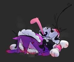 anthro black_clothing black_dress bodily_fluids bravo_(bravobunny) bravobunny butt_slap cat_tail clothed clothed_anthro clothing dress female full-length_portrait fully_clothed fully_clothed_anthro grey_background hair lagomorph leporid lying maid_uniform mammal on_front portrait purple_ears purple_hair rabbit raised_tail simple_background slap solo spanked_butt spanking tail tears uniform