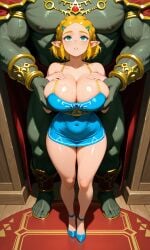 ai_generated big_breasts blonde_hair breath_of_the_wild dress ganondorf ganondorf_(tears_of_the_kingdom) glossy_skin grabbing_another's_breast grabbing_from_behind green_skin hairclip huge_breasts huge_tits ink_model large_breasts looking_up muscular_male pointy_ears princess_zelda short_hair tears_of_the_kingdom the the_legend_of_zelda thick_eyebrows thick_thighs thight_clothing