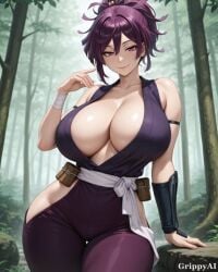 1girl 2d ai_generated anime_style armband cleavage curvy detailed_eyes field grass grippyai hair_bun halter_dress high_quality holding_katana holding_kunai huge_breasts kunoichi looking_at_viewer mountains ninja outdoors purple_dress purple_hair red_eyes serious_expression shiny_skin side_slit sky solo torn_clothes weapon wide_hips
