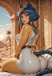 1girl ai_generated animal_crossing animal_ears ankha ankha_(animal_crossing) ass back backdoorsenpai bare_shoulders big_ass black_eyes blue_hair blunt_bangs bob_cut breasts butt_crack cat_girl cat_tail closed_mouth curvy egao female_focus looking_to_the_side lying median_furrow naughty_face naugty_eyes nintendo on_side perky_breasts short_dress short_hair sideboob sitting sleeveless_dress small_breasts snake_hair_ornament striped_tail thick_thighs thigh_grab thighs usekh_collar white_dress wide_hips yellow_skin