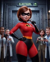 bodysuit brown_eyes brown_hair brunette bunker camera challenge challenge_accepted confident elastigirl eye_contact facility hand_on_hip helen_parr highheels holding_microphone lab_coat microphone red_clothing reporter science science_experiment superhero superhero_costume superheroine tight_clothes tight_clothing tight_fit underground wide_hips wide_thighs