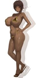 1girl absurdres alternate_breast_size_(larger) bikini blush breasts brown_eyes brown_hair closed_mouth collarbone commentary curvy dark-skinned_female dark_skin feet full_body gold_bikini hair_between_eyes hands_on_own_hips heart highres huge_breasts legs limbus_company looking_at_viewer navel outis_(project_moon) pmlbtmlorlc project_moon sandals short_hair side-tie_bikini_bottom simple_background solo stomach swimsuit thick_thighs thighs toes wet white_background