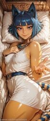 1girl ai_generated animal_crossing animal_ears ankha ankha_(animal_crossing) ass backdoorsenpai bare_shoulders big_ass black_eyes blue_hair blunt_bangs bob_cut cat_girl cat_tail closed_mouth cowboy_shot curvy egao female_focus hand_on_own_chest hands_up light_blush looking_at_viewer lying naughty_face naugty_eyes nintendo on_side outstretched_arm perky_breasts pillow reaching reaching_towards_viewer short_dress short_hair sleeveless_dress small_breasts smile snake_hair_ornament striped_tail thick_thighs thighs usekh_collar white_dress wide_hips yellow_skin