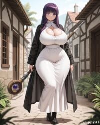 1girl 2d ai_generated anime_style bangs black_cloak black_robe cleavage curvy deep_cleavage detailed_eyes grippyai high_quality huge_breasts long_hair looking_at_viewer medieval_town outdoors purple_eyes purple_hair ruffled_dress shiny_skin smile solo standing thick_thighs white_dress wide_hips