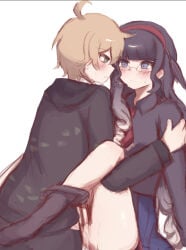 1boy1girl 1girls black_hair blonde_hair blue_eyes blush blush_lines blushing drool_string fanganronpa female glasses hetero heterosexual_sex kiss kissing_while_penetrated maitsu_damon male male/female multicolored_hair ombre_hair owo_whats_this project:_eden's_garden skirt skirt_lift skirt_up socks straight straight_sex tsunaka_eva vagina vaginal_penetration white_hair