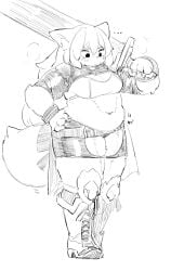 adventurer after armor b45ui before_and_after big_ass big_breasts blushing bulging_belly chubby chubby_cheeks fox_ears fox_girl fox_tail huge_sword huge_thighs looking_down_at_self nimo nimo22 posing_with_weapon thick_arms thick_thighs thin_to_fat undersized_clothes weight_gain