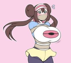 1girls alternate_breast_size arms_behind_back blush bondage bound breasts brown_hair clothed female female_protagonist femsub gag gagged green_eyes huge_breasts jam-orbital nintendo pantyhose pokemon pokemon_bw2 rosa_(pokemon) shirt skirt solo source_request tape tape_bondage tape_gag taped_mouth