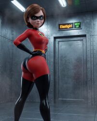 arrogant arrogant_female ass ass_focus big_ass big_ass_(female) big_ass_cheeks bodysuit brown_eyes brown_hair brunette bunker camera challenge challenge_accepted confident elastigirl eye_contact facility hand_on_hip helen_parr highheels looking_at_viewer looking_back looking_back_at_viewer posing posing_for_picture posing_for_the_viewer red_clothing reporter round_ass round_butt science science_experiment superhero superhero_costume superheroine tight_clothes tight_clothing tight_fit turning_around turning_head underground wide_hips wide_thighs