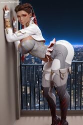 1girl ai_generated boots braid breasts brown_eyes brown_hair hi_res high_quality high_resolution jewelry large_breasts looking_at_viewer patreon patreon_username seductive sexy solo spicytoonai uncensored watermark
