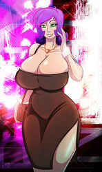 bracelet dress female female_only green_eyes kogeikun large_breasts lipstick mature_female party_dress purple_hair purse solo solo_focus tagme thick_thighs voluptuous wendolin wide_hips