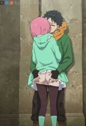 1boy against_wall ass black_hair clothes_pull couple female fingerless_gloves gloves grabbing_ass hood hoodie jacket kissing natsuki_subaru orange_scarf panties pants_pull panty_pull pantyhose pantyhose_pull pink_hair pussy ram_(re:zero) re:zero_kara_hajimeru_isekai_seikatsu scarf short_hair skirt straight tagme underwear vaamonos video