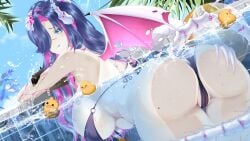 1girls avaritia_hawthorne beach_ball bikini blue_eye blue_hair blue_tongue breasts broken_horn chapter_1_equilibrium_(varpro) corrupters_(varpro) dragon_girl dragon_horns dragon_tail dragon_wings female female_only hair_over_one_eye horns huge_breasts licking_lips light-skinned_female light_skin one_eye_obstructed outdoors pool rubber_duck solo swimsuit tail tongue trees variance_project_(varpro) virtual_youtuber water wings