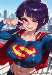1girl 2026 ai_generated anime bangs black_panties blunt_bangs blush boku_no_hero_academia boobs breasts cape cleavage collarbone covered_nipples crop_top crossover eye_contact female female_focus flushed highleg highleg_panties highres huge_breasts jirou_kyouka kyoka_jiro large_breasts long_sleeves looking_at_viewer midriff my_hero_academia navel nsfw panties patreon patreon_username purple_eyes purple_hair purple_nails red_cape rognezart selfie shiny shiny_hair shiny_skin short_hair smile smiling solo tongue tongue_out underwear upper_body