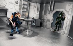 3_fingers 3d_(artwork) alien animal_genitalia anthro appliance arceronth arm_quills armor avian beverage_can clothed clothing colored cor_zan digital_media_(artwork) digitigrade duo electronics face_covered factorio feather_hair feathered_crest feathers female female_anthro fingers fridge furniture genital_slit genitals glowing glowing_eyes halo_(series) hand_on_hip head_crest headgear helmet hi_res ibie'shan inside kig-yar kitchen_appliance male male/female male_anthro microsoft minifridge monitor penis penis_poking_out penis_through_fly pink_penis pseudo_hair pupils quill_hair reptile scales scalie sitting slit_pupils standing t'loaki t'vaoan table tan_body tan_scales white_eyes wube_software xbox_game_studios yellow_eyes