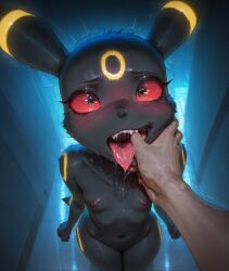1boy 1girl 1girls 1other ai_generated animal_ears animal_nose anthro anthrofied arms_at_sides asphyxiation black_eyes black_fur black_skin blush body_fur breasts clenched_hands collarbone colored_sclera completely_nude drooling eeveelution facial_mark fahreit fangs finger_in_another's_mouth fisheye forehead_mark from_above furrification furry furry_female furry_male furry_with_non-furry glowing grabbing_another's_chin hand_on_another's_chin hand_on_another's_face hetero interspecies knees_together_feet_apart legs_together long_tongue looking_at_viewer mouth_pull navel nipples nose_blush nude open_mouth oral_invitation personification pokemon pokemon_(species) pokephilia pov pov_hands red_eyes red_sclera saliva saliva_drip saliva_trail sharp_teeth small_breasts snout solo_focus stable_diffusion standing stomach sweat tail tears teeth tile_floor tiles tongue tongue_out trembling umbreon uvula yellow_fur yellow_sclera