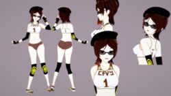 1girls ass bare_shoulders breasts brown_eyes brown_hair coco_adel extremesoda female fingerless_gloves gloves gym_uniform hat looking_at_viewer midriff navel open_mouth rwby short_hair short_shorts shorts simple_background solo sunglasses tinted_eyewear