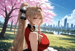 1girl ahoge ai_assisted ai_generated amagi_yukiko antenna_hair bangs bare_shoulders bow breasts brown_eyes brown_hair cherry_blossoms china_dress cloud curvaceous curvy curvy_female curvy_figure day female hair_intakes large_breasts long_hair looking_at_viewer miyuai outdoors petals ponytail sento_isuzu sky sleeveless smile solo thick thick_ass thick_butt thick_hips thick_legs thick_thighs tree upper_body voluptuous voluptuous_female watermark wide_hips wide_thighs