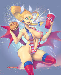 1girls 3_eyes american_flag american_flag_bikini big_breasts bikini bimbo blonde_hair breasts burger cheeseburger clothing curvy demon demon_girl demon_horns demon_wings demoness female female_only green_hair hair horns long_hair multi_eye nipples_visible_through_clothing see-through see-through_bikini sling_bikini solo supersatanson wings