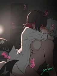 1boy 1girls animated black_hair blush breasts colored_inner_hair commentary_request cowgirl_position ellen_joe female fins fish_tail french_kiss gintonic_illust grey_hair happy_sex highres indoors kissing large_breasts looping_animation multicolored_hair no_sound open_clothes open_shirt paid_reward_available red_hair scar scar_on_tail sex shark_girl shark_tail shirt short_hair signature sound_effects speech_bubble straddling sweat tagme tail two-tone_hair upright_straddle video white_shirt wise_(zenless_zone_zero) zenless_zone_zero