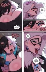 1boy 2girls afrobull black_cat_(marvel) black_cat_(marvel_rivals) black_hair blue_eyes blushing brown_eyes comic cunnilingus english english_text face_in_ass felicia_hardy green_eyes hearts heterochromia luna_snow luna_snow_(marvel_rivals) marvel marvel_rivals masked_female multicolored_hair netease_games orgasm patreon peter_parker short_hair spider-man sweat torn_clothing white_hair
