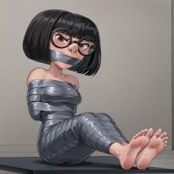 1girl ai_generated angry barefoot black_hair bondage disney edna_mode encasement feet gag gagged glasses looking_at_viewer mature_female mummification naked nude pixar short_hair shortstack tape_bondage the_incredibles